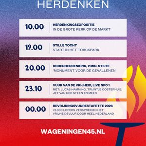 4 mei staat in het teken van herdenken 🇳🇱🕊️Vanuit Wageningen, Stad der Bevrijding, staan we stil bij 81 jaar vrijheid met een divers programma:
🖼️ De Herdenkingsexpositie met Wageningse oorlogsverhalen.
🧡 Stille tocht met start in het Torckpark.
🕗 Nationale Dodenherdenking met om 20:00 uur twee minuten stilte.
🔥 Vuur van de Vrijheid over medemenselijkheid, live vanaf het 5 mei-plein bij de NOS op NPO 1.
🏃♀️ De Bevrijdingsvuurestafette met duizenden lopers die het vuur door heel Nederland verspreiden.
Hoe herdenk jij vanuit Wageningen? #MaakHetVerschil 🫶