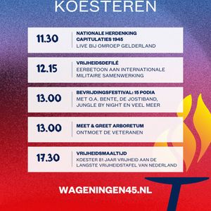 5 mei staat in het teken van koesteren 🕊️Vanuit Wageningen, Stad der Bevrijding, staan we stil bij 81 jaar vrijheid met een divers programma:
🇳🇱 De Nationale Herdenking Capitulaties 1945, live bij @omroepgld vanaf het 5 Mei Plein
🌷 Vrijheidsdefilé: een eerbetoon aan militaire samenwerking: @minvandefensie
🎶 Bevrijdingsfestival Gelderland: 15 podia door de stad met o.a. @bente_mf, @jostiband_orkest, @fokkesimons, @djjulietfox, @wagastorm, @de_baron_music, @junglebynight en veel meer!
🤝 Meet & Greet Arboretum: ontmoet de veteranen!
🍽️ Vrijheidsmaaltijd: koester 81 jaar vrijheid aan de langste vrijheidstafel van Nederland. Bestel nu je tickets via link in bio.
Hoe koester jij de vrijheid in Wageningen? #MaakHetVerschil 🫶